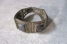 Antique Chinese Silver Metal Bracelet Hinged Filigree and 4 Lapis Lazuli Panels