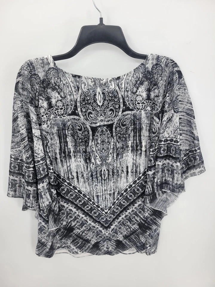 One World Unity Top Mujer XL Negro Blanco Estampado Artístico Poncho Superpuesto Tanque Forro Foto 2 de 4