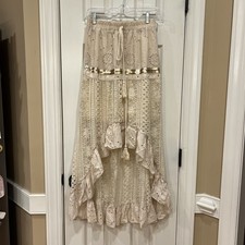 Vintage Boho Cotton Ivory Hi-Lo Ruffled Tiered Maxi Skirt Beaded Lace Eyelet