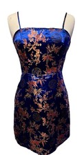 Asian Style Blue Floral Mini Dress Adjustable Spaghetti Straps Back Zip Size S