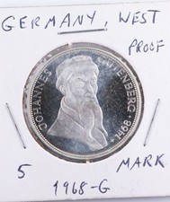 1968-G Germany 5 Mark Proof ASW .2250 KM# 122 Death of Johannes Gutenberg