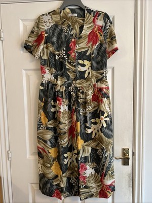 St Michael Lightweight Green Floral Dress Sz 14 Button Front - Pockets