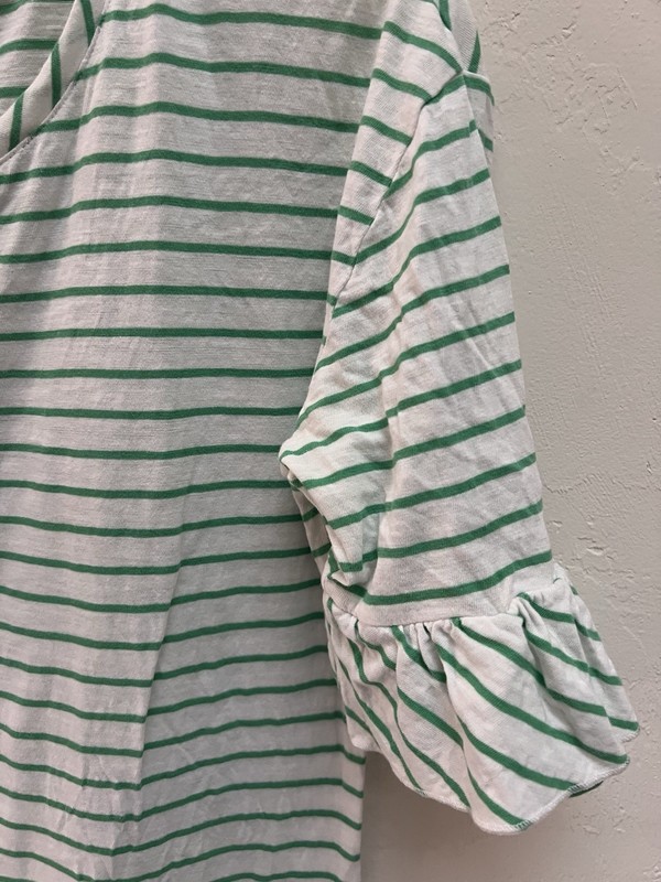 Matilda Jane Top Shirt Womens Small Green/White Striped SS Ruffle Sleeves