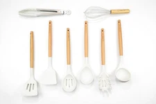 9-Piece Wood and Silicone Cooking Utensil Set with Holder – White Silicone He...