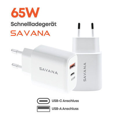 SAVANA 65W Dual USB-A/C Schnellladegerät Netzteil PD Fast Charger Plug Adapter