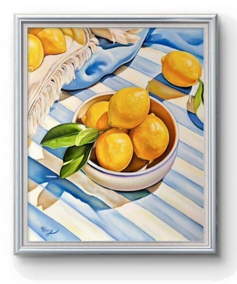 New, Bright & Intense original oil on canvas painting. '' Lemons in bowl''