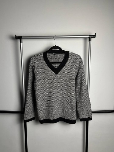 Jil Sander Navy Women V-Neck Wool Sweater Black White Textured Knit Size M