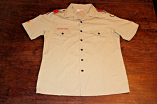 Boy Scouts of America BSA Men's Shirt Tan Large Sewn Patches Short Sleeve