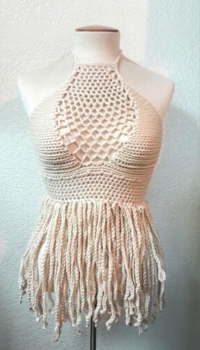 Small Beige Crochet Handmade Fringe Bikini Halter Top