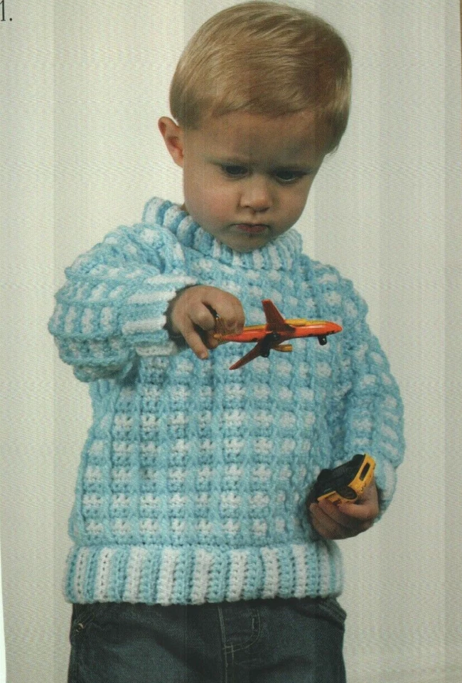 USED KID'S CUTIES 3 SWEATERS 4 CHILD SIZES DIGEST SIZE CROCHET PATTERN LEAFLET - Image 2 of 4