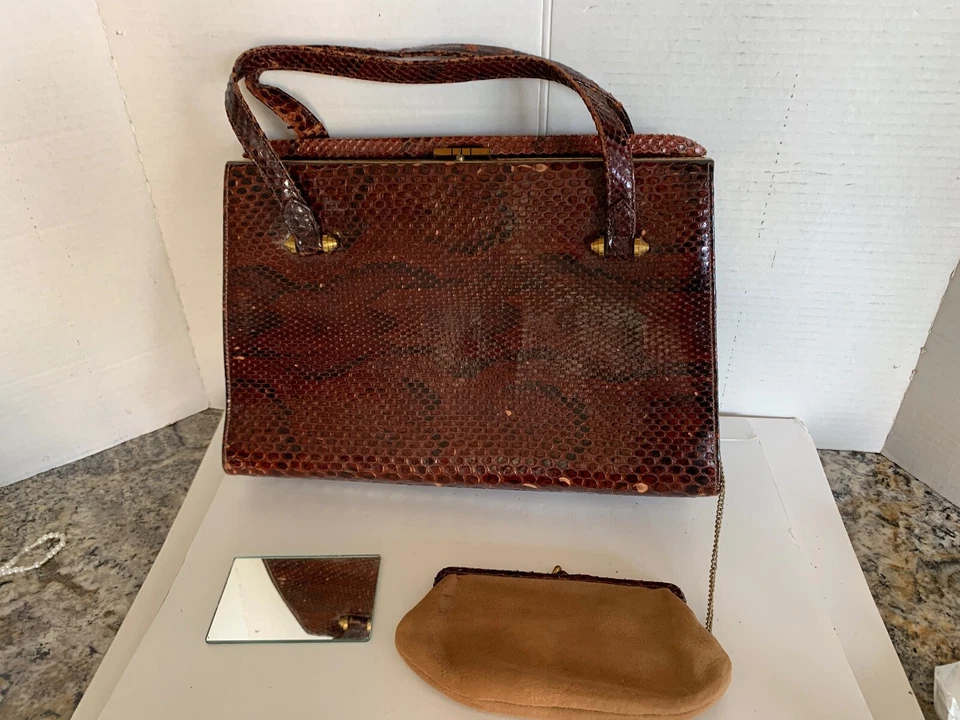 WALDY 包英格兰古董真正的蛇皮手提包钱包和更换钱包 Python — 第 4/4 张图片