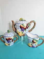 WONDERFUL FRITZ AND FLOYD TEAPOT W/ CREAMER AND SUGAR BOWL