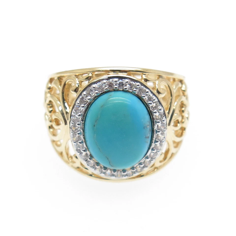 ROSS SIMONS 925 Sterling Silver Gold Plated Faux Turquoise & C Z Ring Size 6.25 - Image 3 of 4