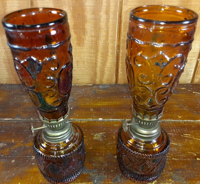 Set of 2 Kerosene Lamps Coal Oil Lanterns Amber Brown Glass Bases Globes eBay