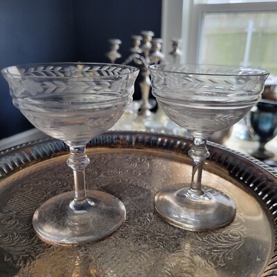 Rare Pair 1930's Antique Libbey Rock Sharpe Crystal Champagne Stemware 