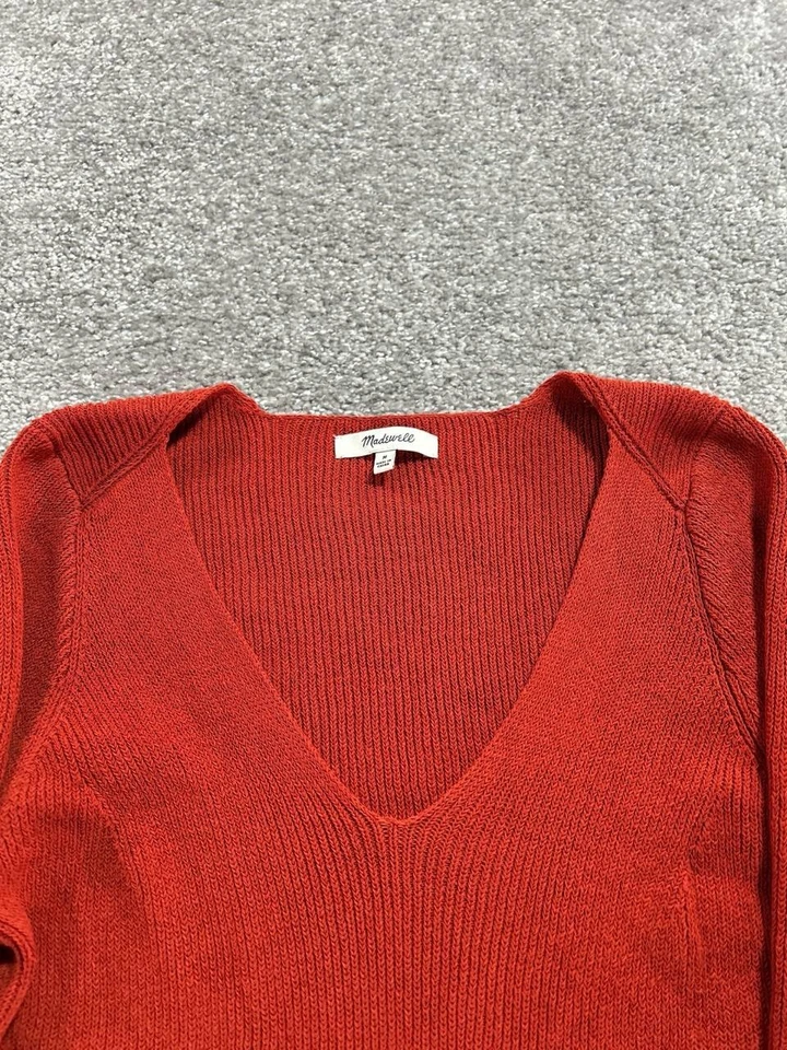 Suéter Madewell Mujer Medio Rojo Algodón Tejido Calce Ajustado Manga Acampanada Cuello en V Foto 3 de 4
