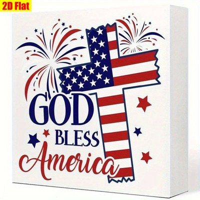 God Bless America Wooden Box Sign Patriotic USA Flag Cross 4th of July Decor