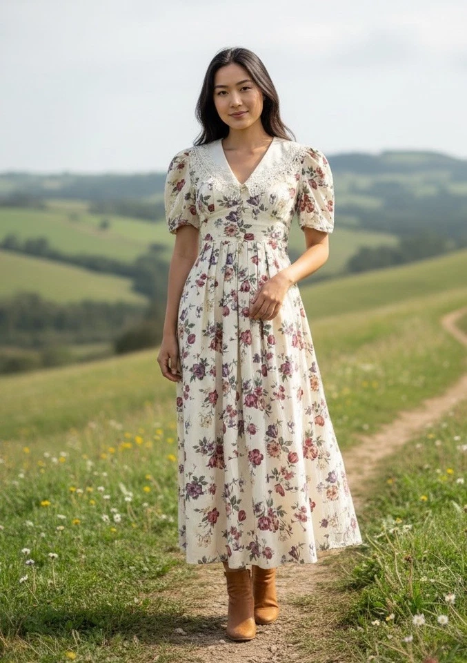 Maxi Vestido Floral Vintage Manga Corta Cuello Encaje Modesto Cottagecore Pequeño Foto 4 de 4