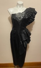 VTG Karen Okada David Howard Climax Black Ruffle One Shoulder Dress Gown XS/S
