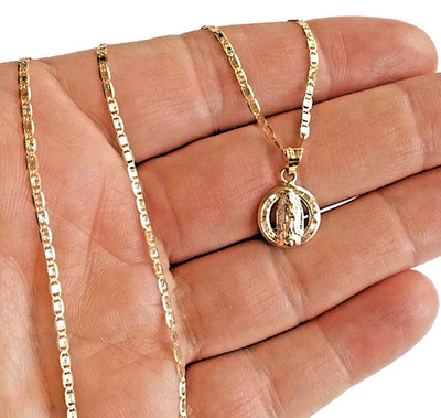 14K massives Gold Jungfrau Guadalupe Anhänger 20'' Halskette - 2 mm Kette - 12 mm Maria - P144