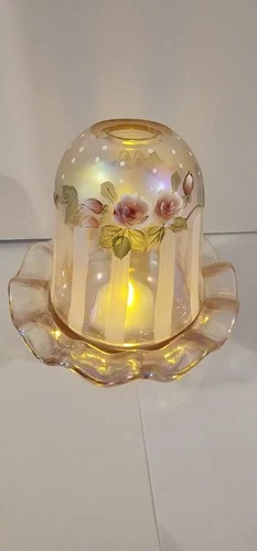 Fenton Signed Hand Painted Fairy Lamp Rambling Roses Stripes