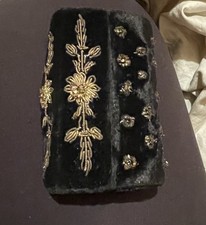 Black Velvet lipstick holder w/ beaded embroidery Snaps/Mirror 3.5"