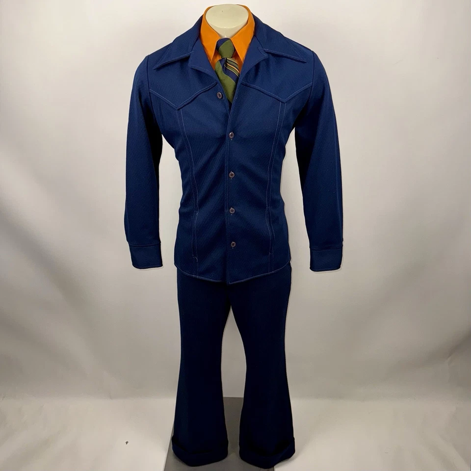 Vtg 60s 70s Leisure Suit Mens Medium Jacket Coat 35 29 Pants Bell Bottom Disco - Image 2 of 4