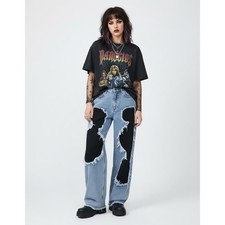 You Wanna Jeans Women M Blue Black Patchwork Distressed Hi Rise Wide Leg...