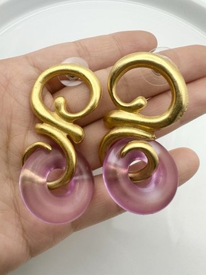 Vintage Gold Plated Swirl Frosted Pink Ring Earrings 