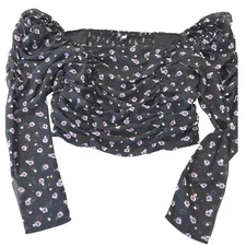 H&M Black Floral Puff Sleeve Smocked Crop Top Size M women nwot