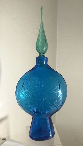 VINTAGE BLENKO GLASS DECANTER BOTTLE NO STOPPER 6216  WAYNE HUSTED TURQUOISE