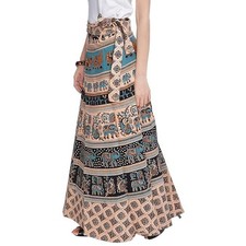 Women's Cotton Jaipuri Printed Long Wrap Around Full Size Maxi Skirt Beige colr