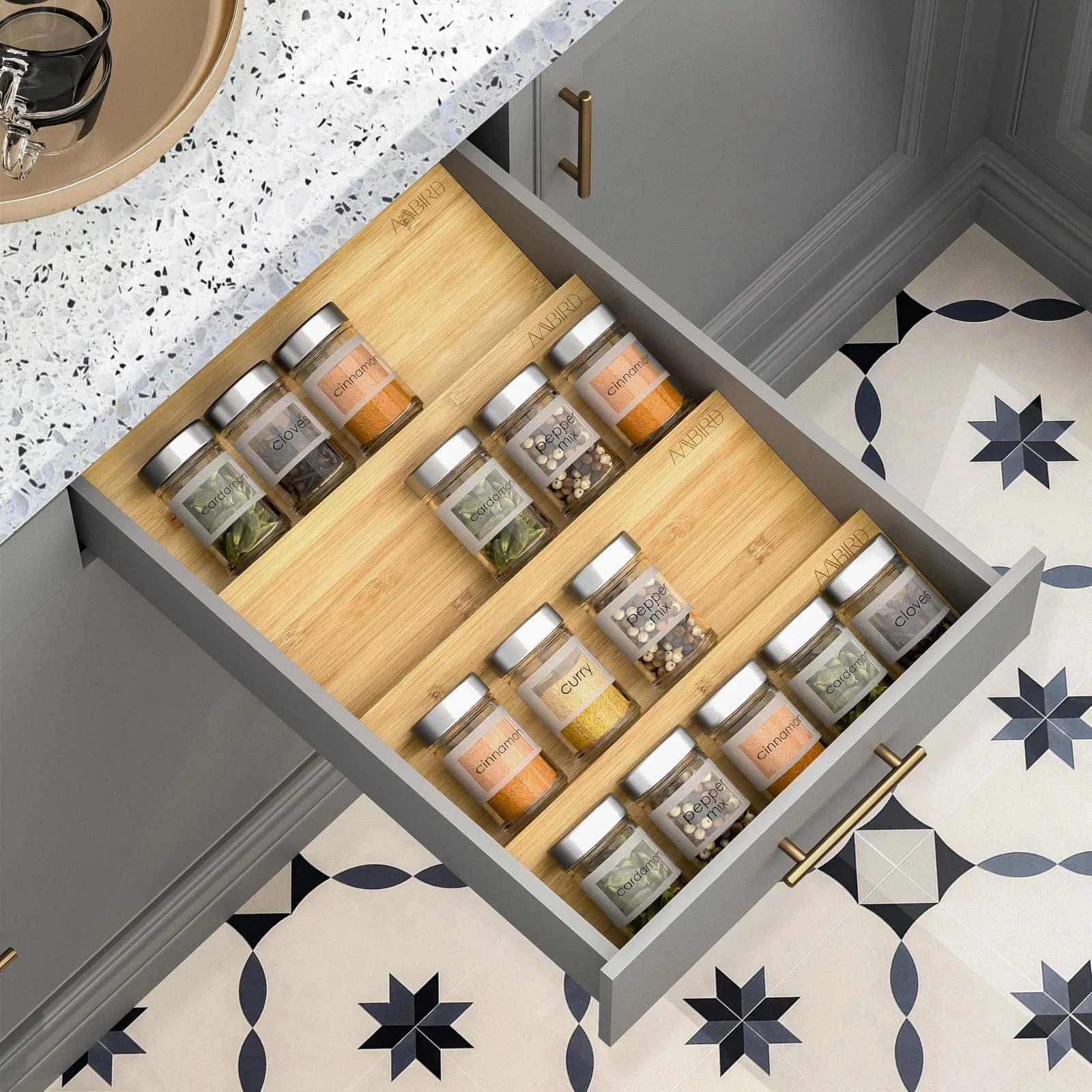 Spice Drawer Organizer with Non-slip Mat, 4 Tier Jar Spice Rack Tray 13'',Sea...