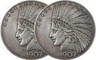 2PCS 1907 Antique Liberty Indian Head $10 Dollar Coin, Uncirculated Morgan Silve