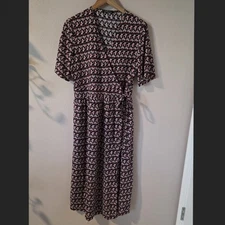 Monoprix Black Dress W/ Pink Fuchsias Print Wrap Dress, Europe 42 / US 10
