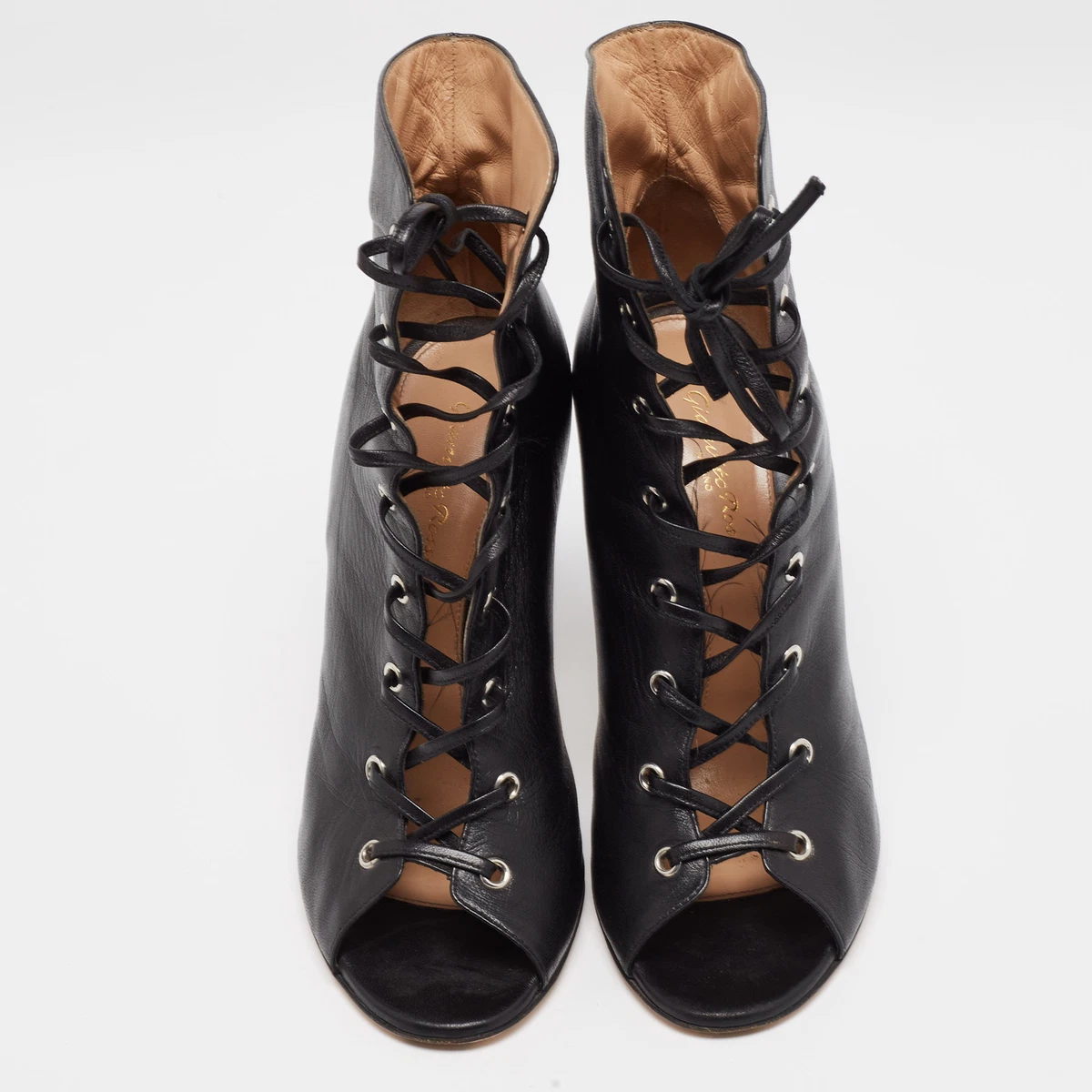 Gianvito Rossi Black Leather Open Toe Lace Up Ankle Boots Size 41