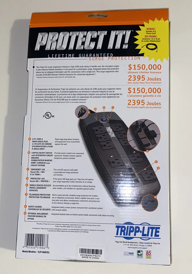 Tripp Lite TLP1008TEL 10 Outlet Surge Protector Power Strip 8ft Cord, NEW IN BOX - Image 2 of 4
