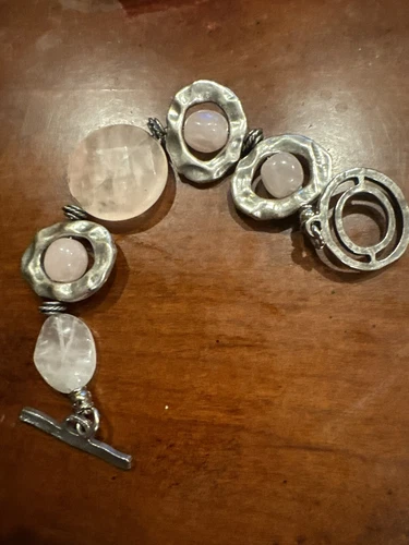 Chunky Vintage Toggle Bracelet Brutalist Pink Quartz Costume Jewelry Hammered