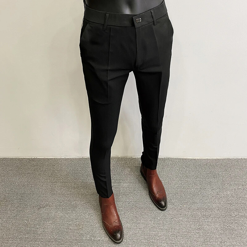 Men Suit Pants Dress Hombre Stretch Slim Formal Trousers Solid Color Casual Pant
