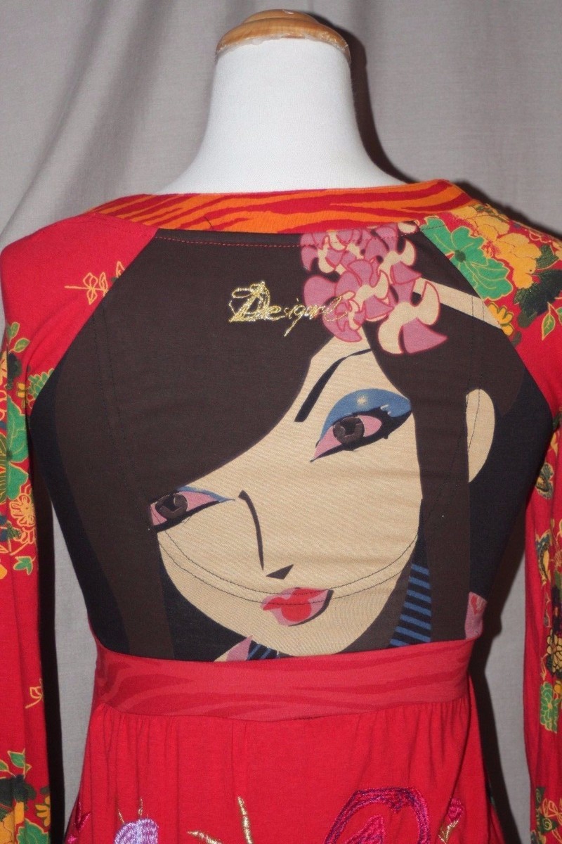 Robe Courte DESIGUAL Manches Longues - Taille XS (34), Motifs Japonisants Multicolores, Neuve