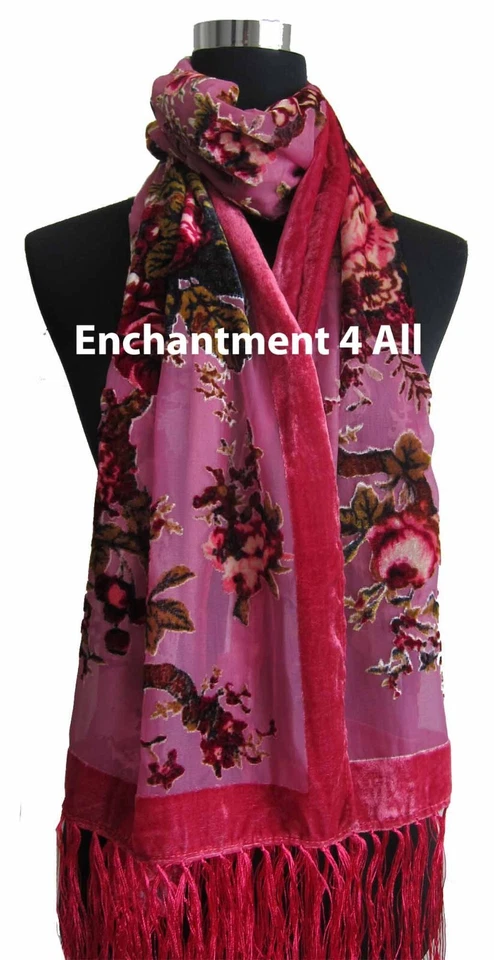 Elegante 100% Seda Terciopelo Burnout Vintage Floral Oblongo Bufanda Mantón Envoltura, Rosa Foto 2 de 4