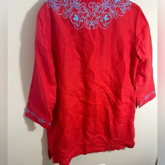 Top túnica Brooks Brothers bordado lino línea larga coral rojo azul talla 12 Foto 4 de 4
