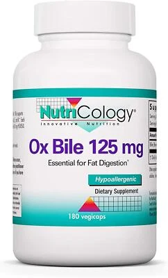 Nutricology Ox Bile 125mg 180 Capsules, Fat Digestion, Liver, GI Support