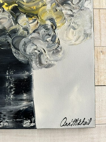 Oil Painting Abstract Flowers Modern Vase Yellow Black White Canvas 18 by 24 AMA - Picture 4 of 14