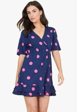 Womens Navy Pink Large Spot Wrap Frill Skirt Mini Dress