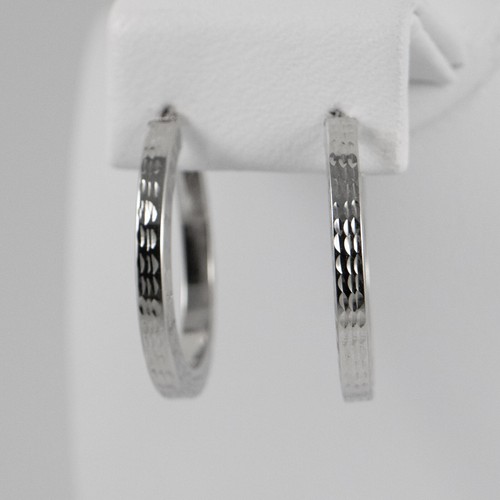New 14K White Gold Hoop Earrings with Diamond Cut - Picture 4 of 10