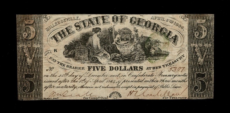 The State of Georgia $5 April 6th 1864. Serial No. 5307. Inv# 5495