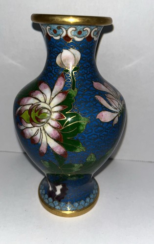 VINTAGE Blue CHINESE CLOISONNE ENAMEL & BRASS FLORAL VASE 6”