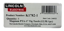 Lincoln Electric K1782-1 Pro-Torch PTA-17 TIG Torch, Rigid, 12.5 ft, 1pc