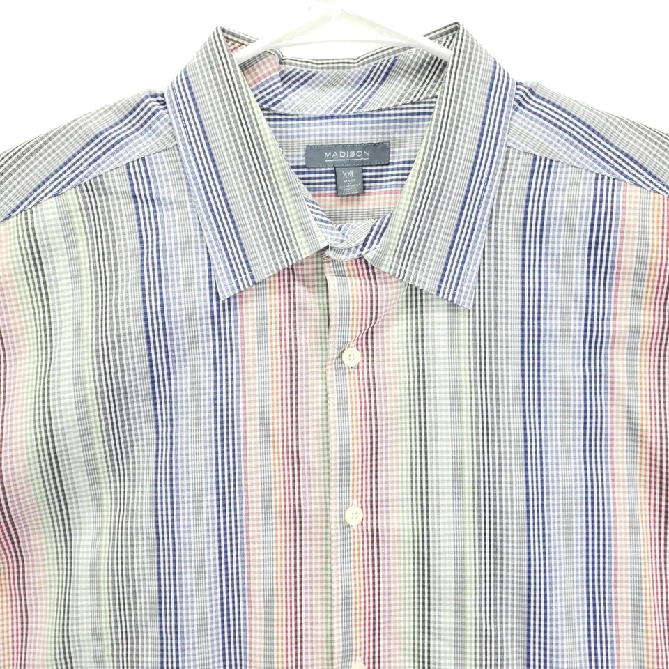 Camisa Madison Para Hombre 2XL Gris Azul Blanco Rayas Manga Larga Clásica Abotonada Foto 3 de 4